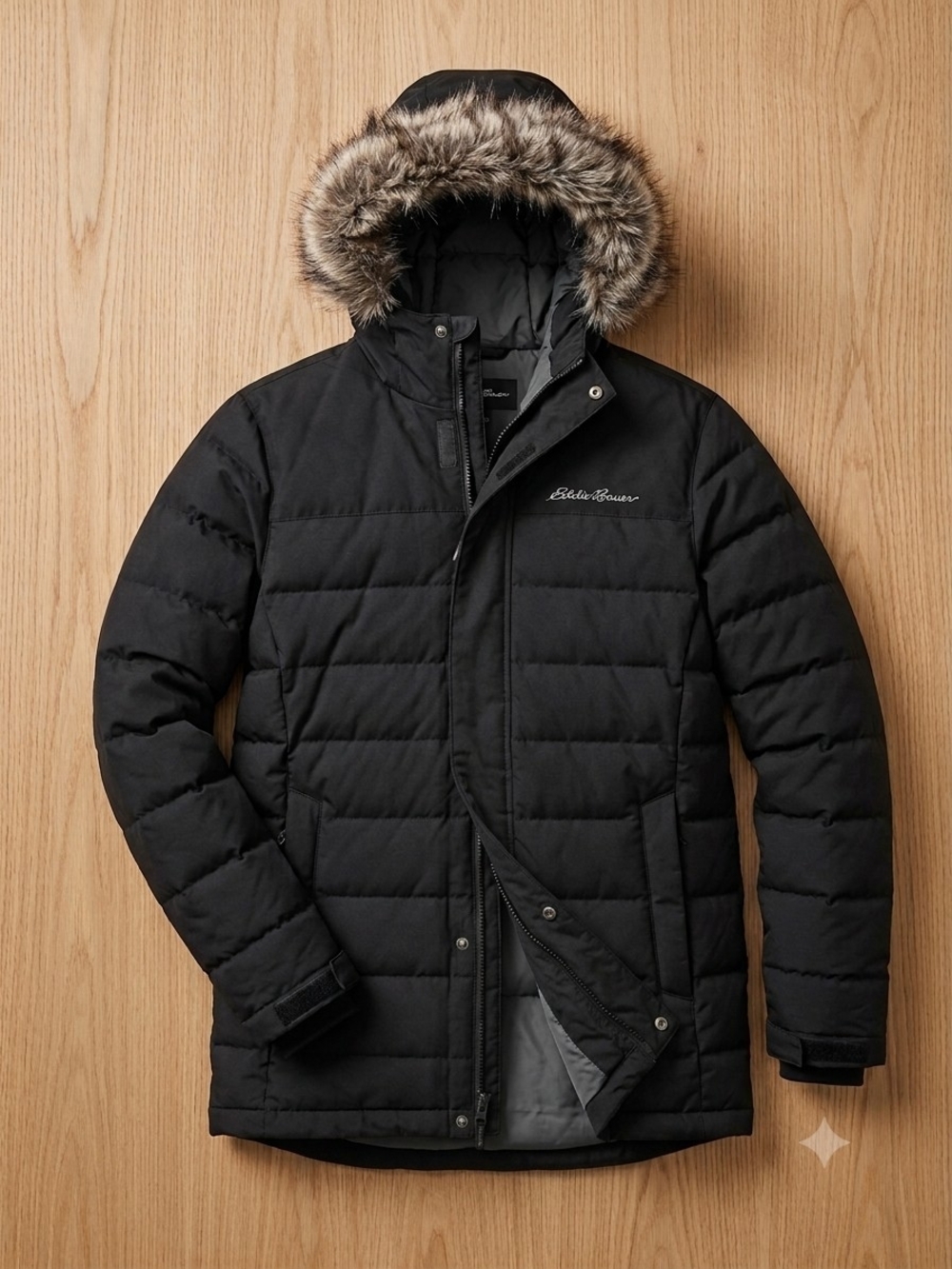 Eddie Bauer Black Quilted Men's Puffer Parka with Faux-Fur Trim Hood